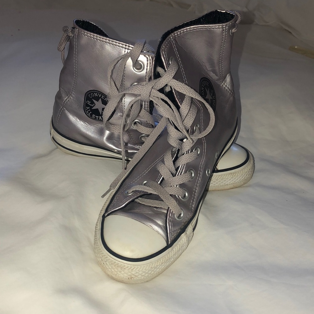 Silver leather converse high tops